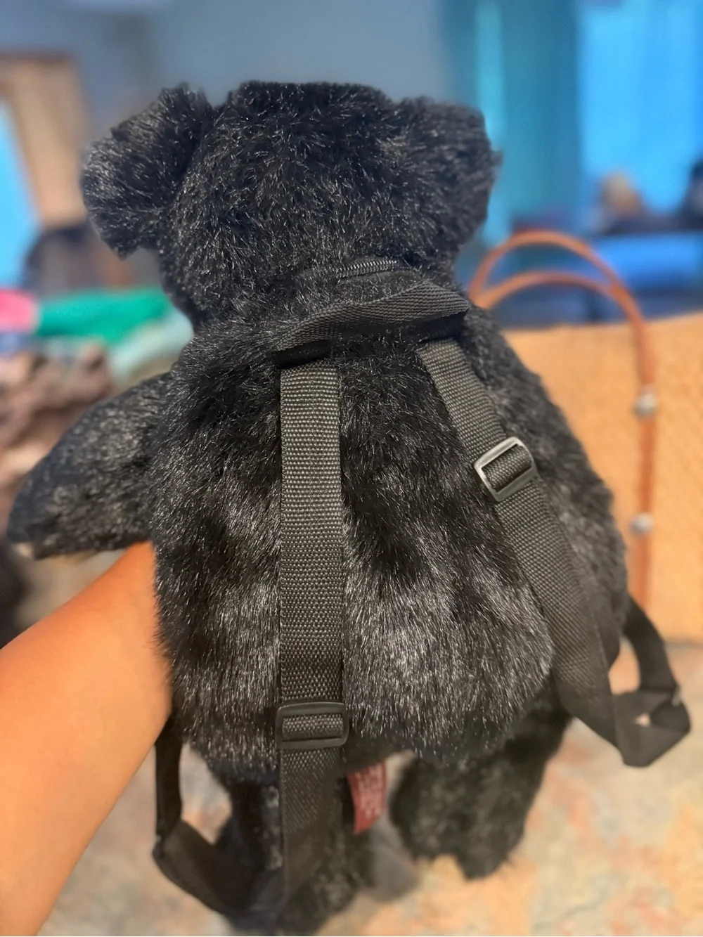 Vintage Plush Black Teddy Bear Plush Backpack with Tan Accents